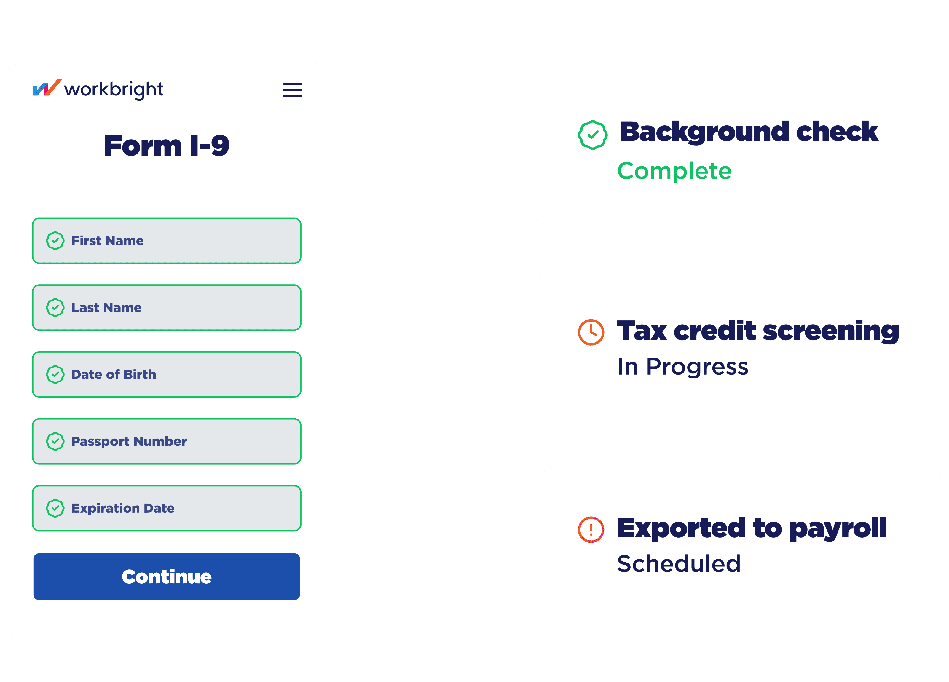 Candidate profile card, ID number, and a list of document verification requirements in the Workbright platform.